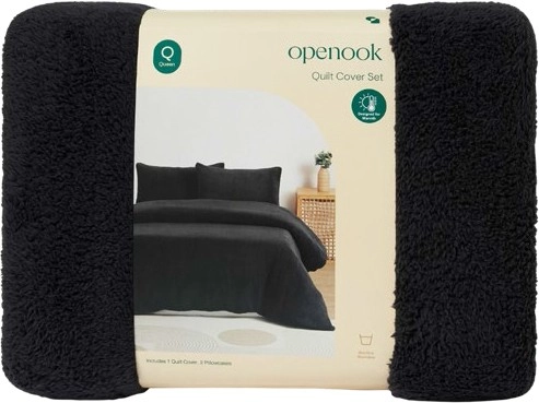 NEW Openook Teddy Quilt Cover Set - Queen - Charcoal