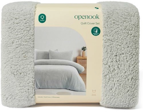 NEW Openook Teddy Quilt Cover Set - Queen - Light Grey