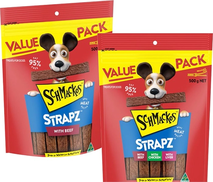 Schmackos Strapz Variety Pack or Beef Dog Treats 500g