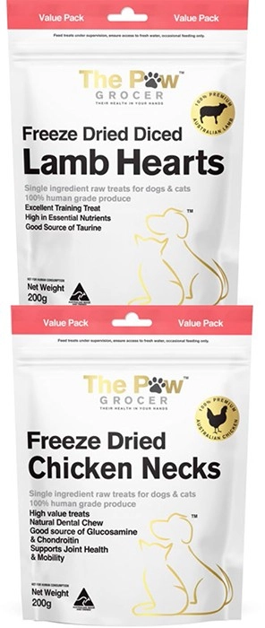 The Paw Grocer Freeze Dried Chicken Necks or Lamb Hearts Dog Treats 200g