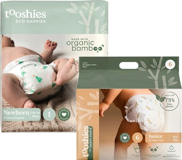 Tooshies 52-Pack Eco Nappies Size 1 Newborn 3-5kg or 26-Pack Eco Nappy Pants Size 6 Junior