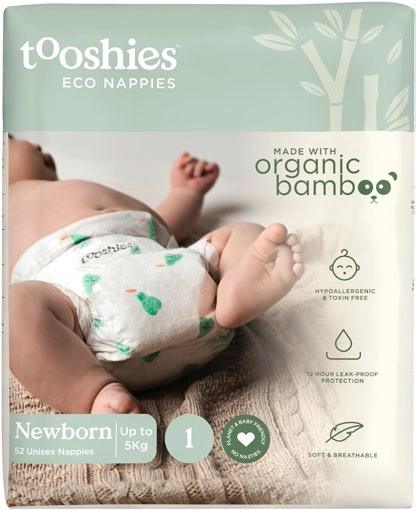 Tooshies 52-Pack Eco Nappies Size 1 Newborn 3-5kg