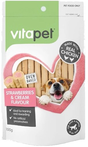 VitaPet Duo Strawberries & Cream Sticks with Chicken Dog Treats 100g