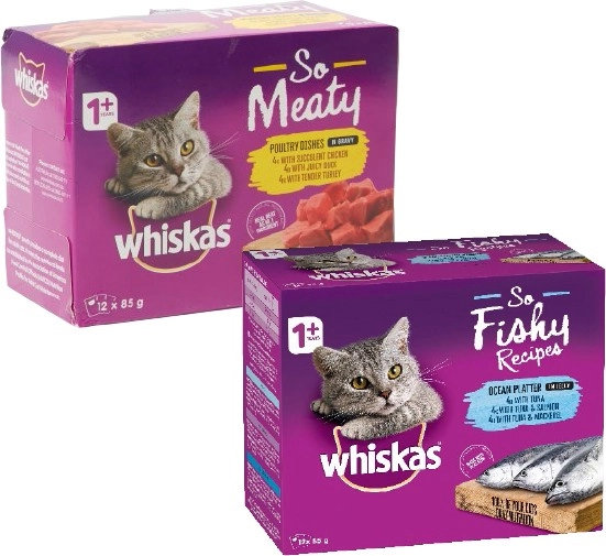 Whiskas 12-Pack So Meaty or Fishy Cat Food Pouch Varieties 85g