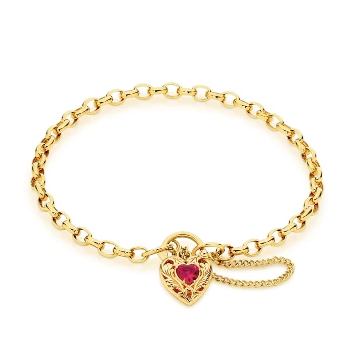 9ct Gold 19cm Solid Belcher Created Ruby Padlock Bracelet