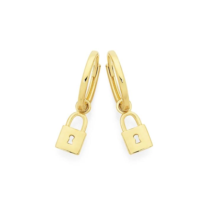 9ct Gold 9mm Lock Drop Huggie Earrings