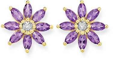 9ct Gold Amethyst & Diamond Flower Stud Earrings