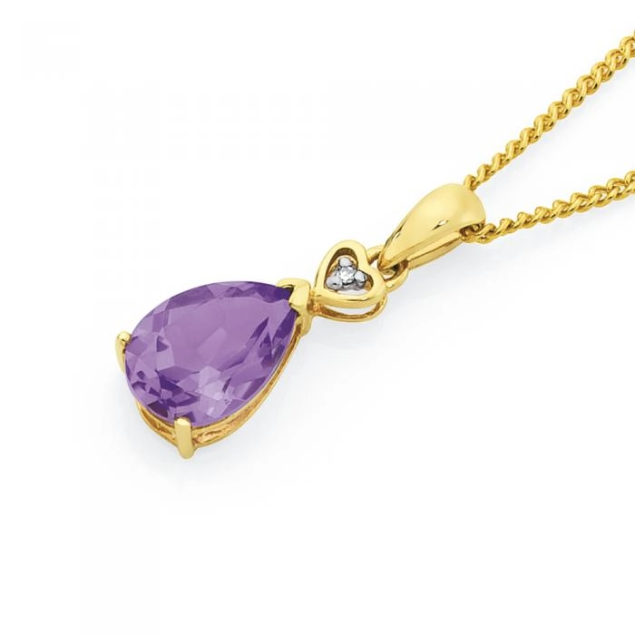 9ct Gold Amethyst & Diamond Pear Shape Pendant