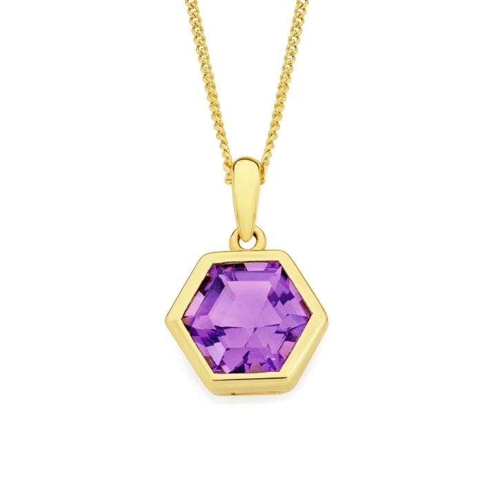 9ct Gold Amethyst Hexagon Cut Bezel Pendant