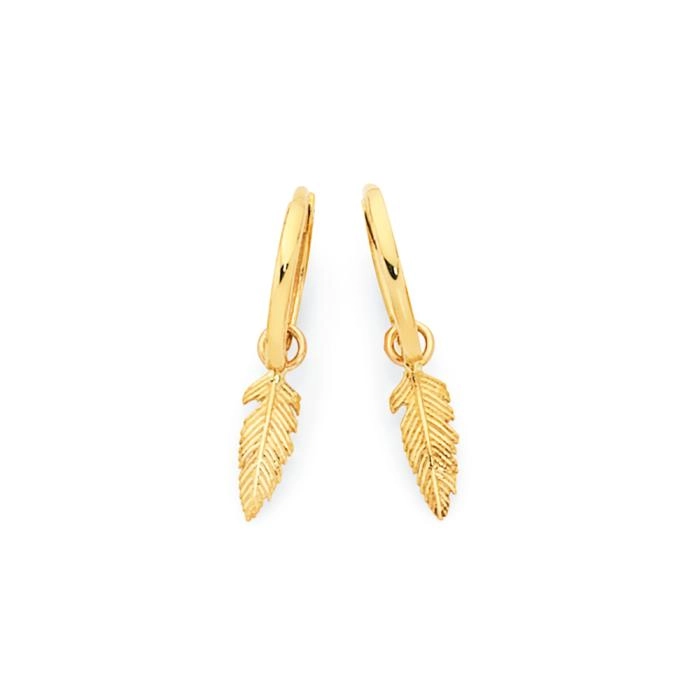 9ct Gold Dangle Feather Huggie Earrings