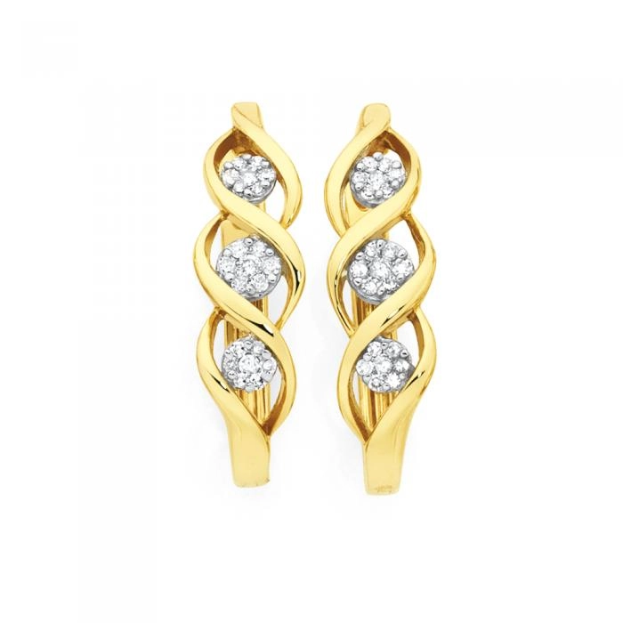 9ct Gold Diamond Round Brilliant Cut Cluster Multi Swirl Huggie Earrings