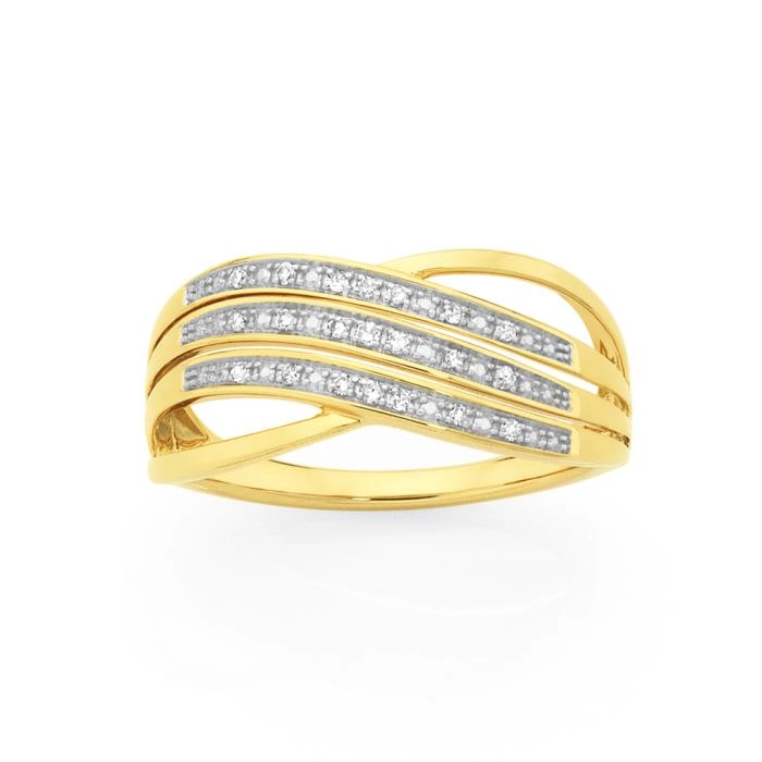 9ct Gold Diamond Three Row Crossover Ring