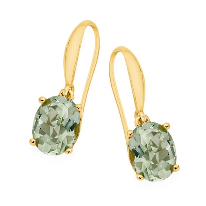 9ct Gold Green Amethyst Oval Shepherd Hook Earrings