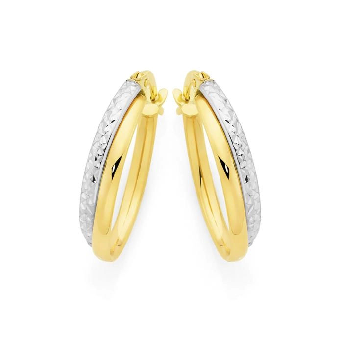 9ct Gold Two Tone Diamond Cut Hoops