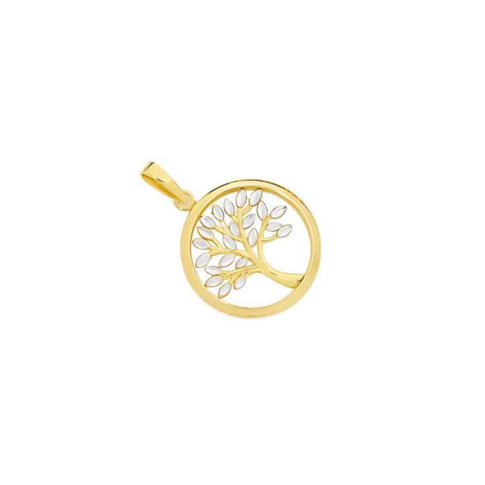 9ct Gold Two Tone Diamond Cut Tree of Life Circle Pendant