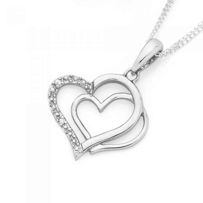 9ct White Gold Diamond Double Heart Pendant