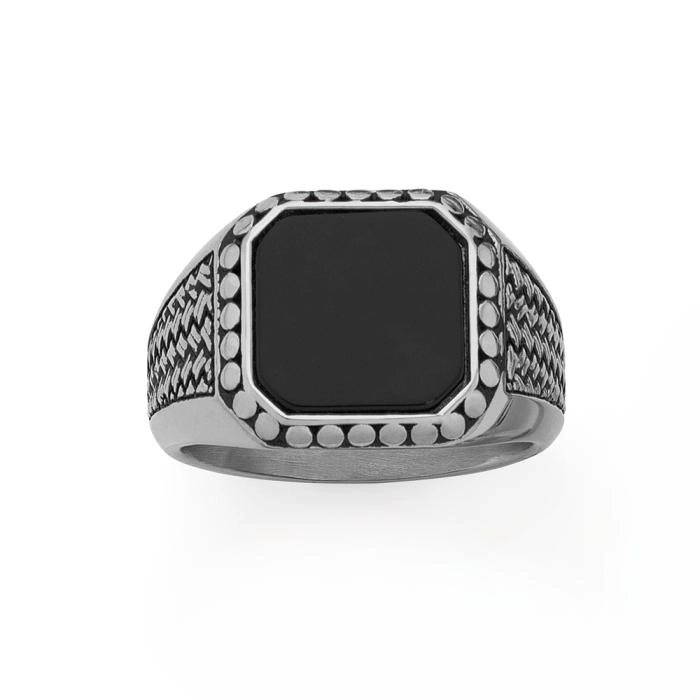 Stainless Steel Men's Black Enamel Square Oxidised Signet Ring