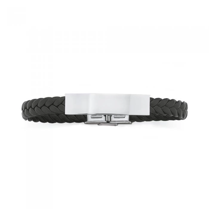 Stainless Steel Men's Black Leather Plait Identity Bracelet