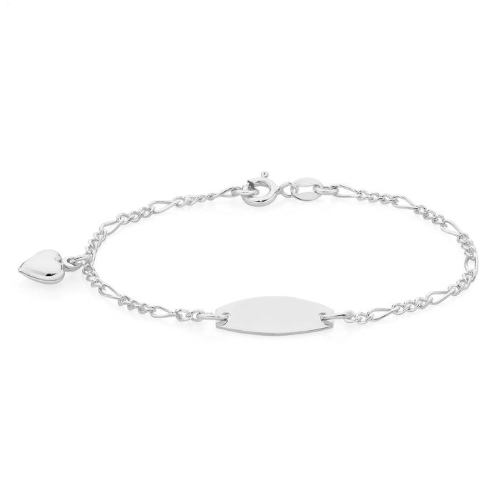 Sterling Silver 16cm Figaro 3+1 Heart Charm ID Bracelet