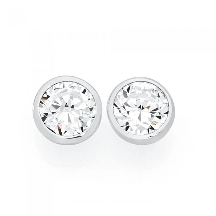 Sterling Silver 6.5mm Cubic Zirconia Bezel Set Stud Earrings