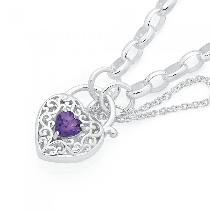 Sterling Silver Amethyst Filigree Padlock Bracelet