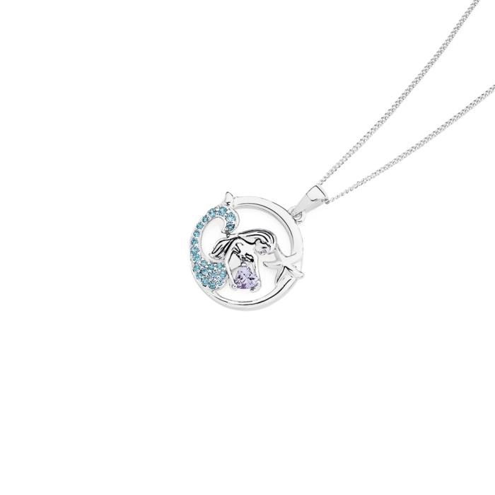 Sterling Silver Blue & Lavender Cubic Zirconia Mermaid Round Pendant