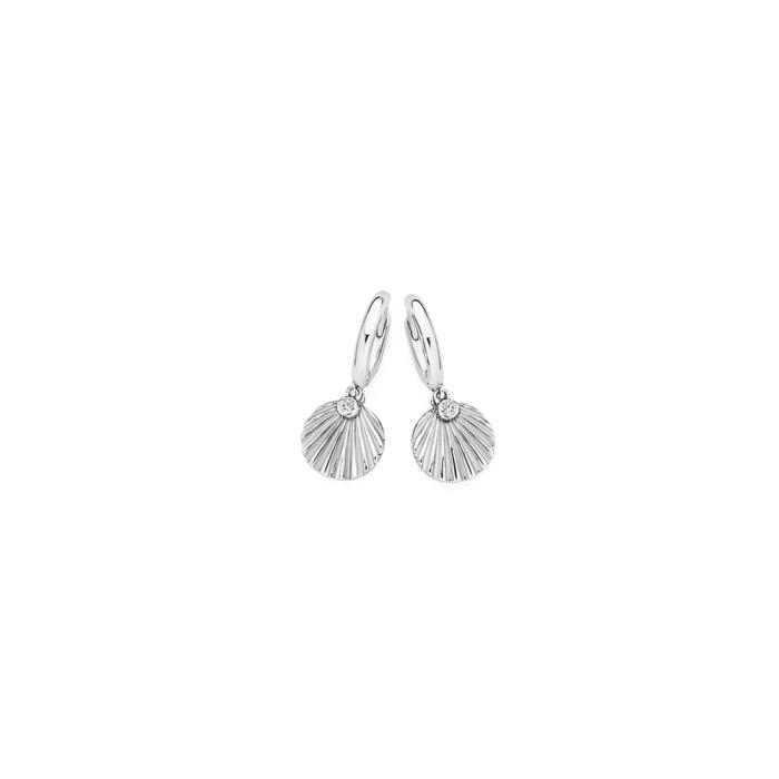 Sterling Silver Cubic Zirconia Bezel Seashell on Hoop Earrings