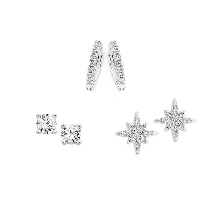 Sterling Silver Cubic Zirconia Claw Star Studs & Hoop Set of 3 Earrings