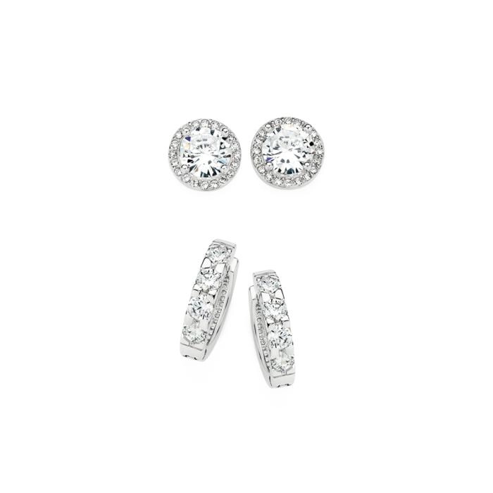 Sterling Silver Cubic Zirconia Cluster Studs & Hoops Earrings Set