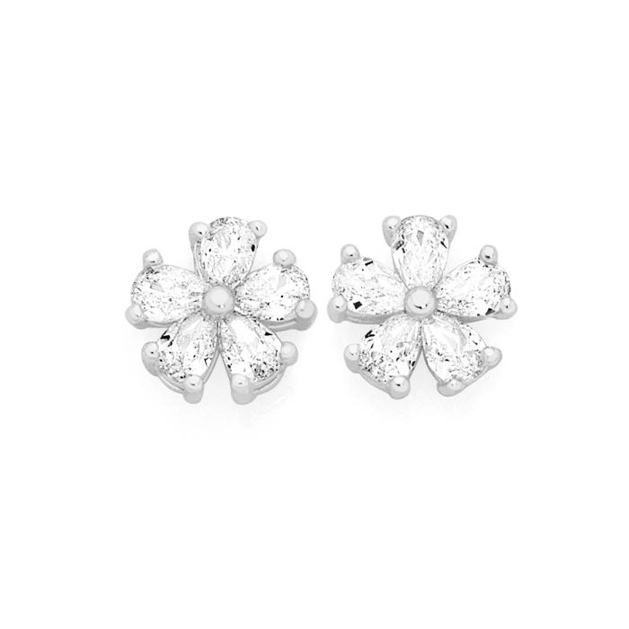 Sterling Silver Cubic Zirconia Flower Stud Earrings