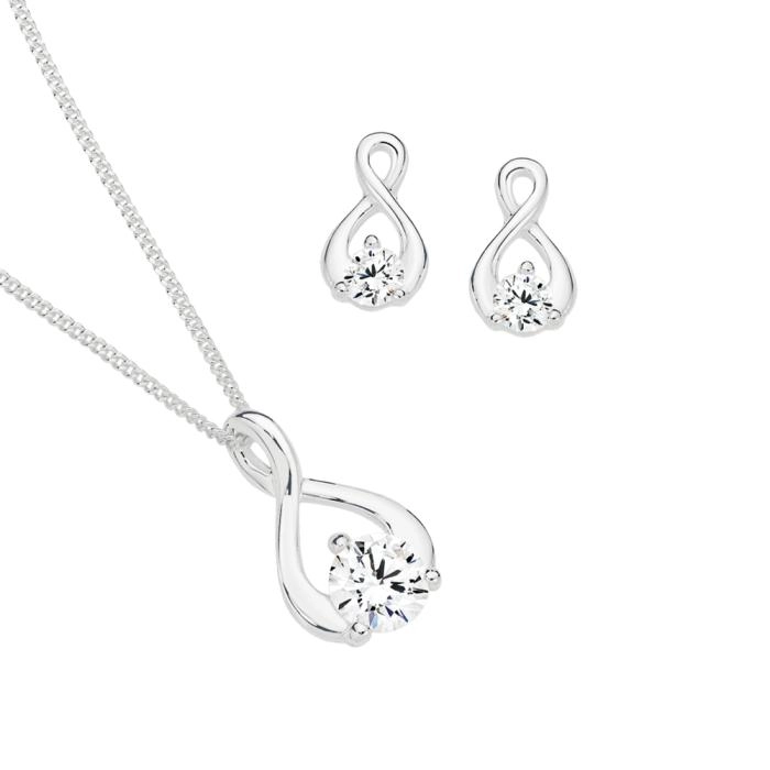 Sterling Silver Cubic Zirconia Open Pear Loop Twist Earrings & Pendant Set