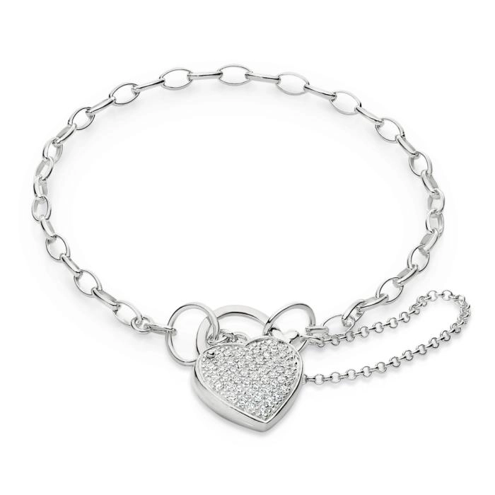 Sterling Silver Cubic Zirconia Pave Puff Heart Padlock Bracelet