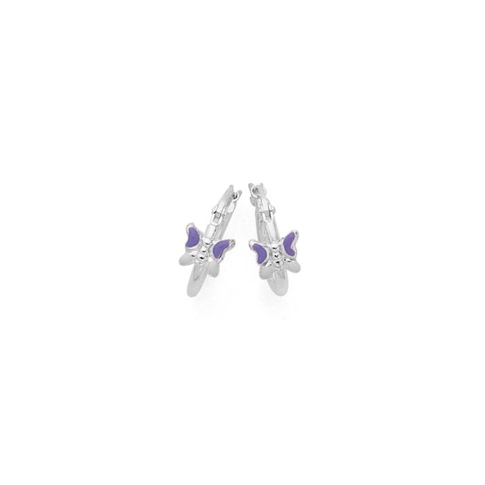 Sterling Silver Lavender Enamel Butterfly Hoop Earrings