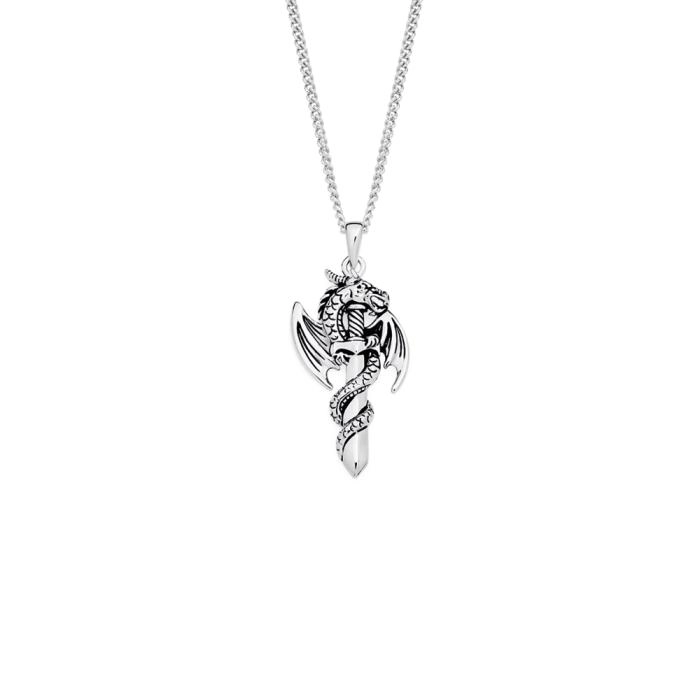 Sterling Silver Men's 36mm Oxidised Dragon & Dagger Pendant