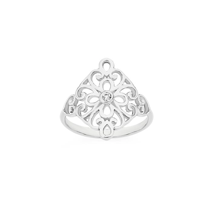 Sterling Silver Off-Square Filigree & Cubic Zirconia Boho Ring Size O