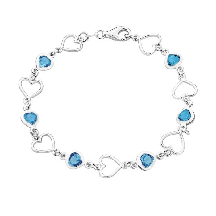 Sterling Silver Open Heart & Aqua Crystal Heart Bracelet