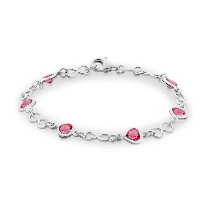 Sterling Silver Pink Crystal Heart Infinity Link Bracelet