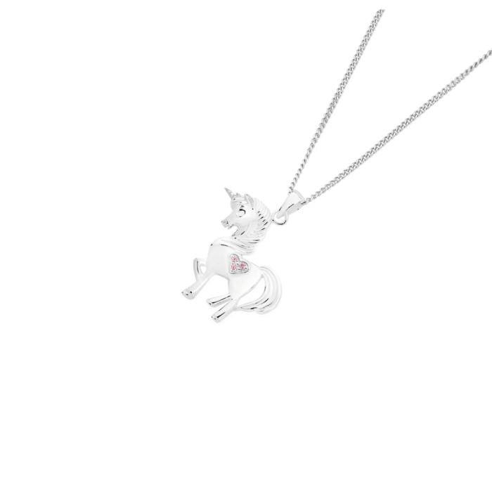 Sterling Silver Pink Cubic Zirconia Heart Unicorn Pendant