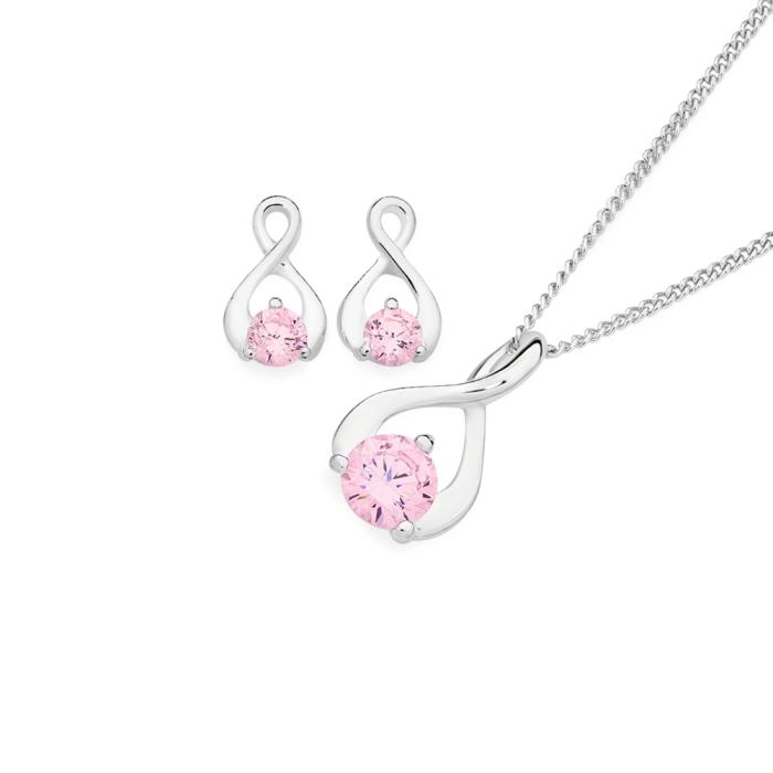 Sterling Silver Pink Cubic Zirconia Open Pear Loop Twist Earrings & Pendant Set