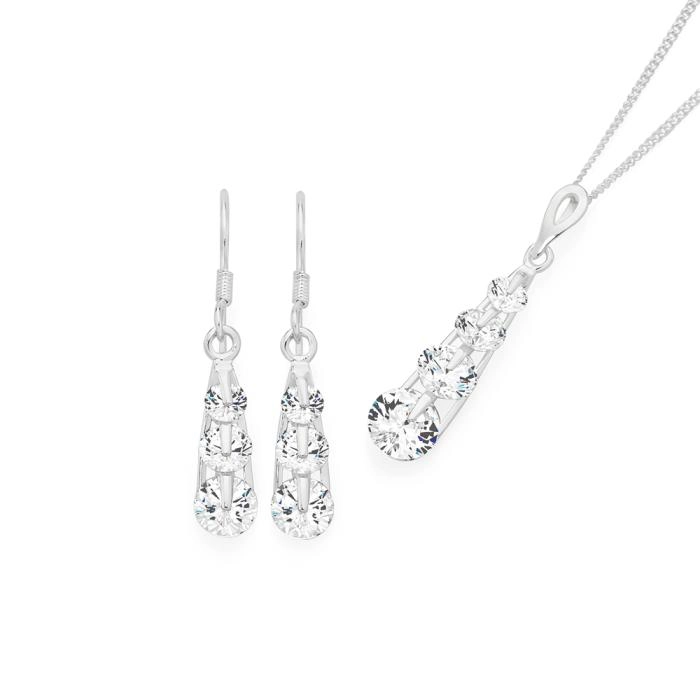 Sterling Silver Tapered Multi Cubic Zirconia Drop Earrings & Pendant Set