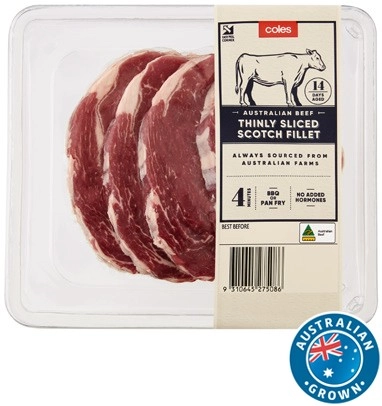 Coles Australian No Added Hormones Beef Scotch Fillet Thin Sliced Steak 400g