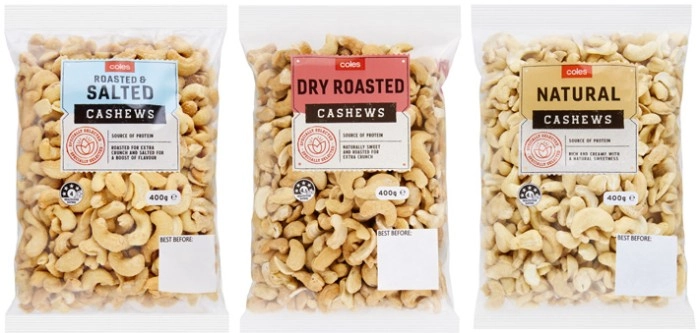 Coles Dry Roasted, Natural or Roasted & Salted Cashews 400g Pack