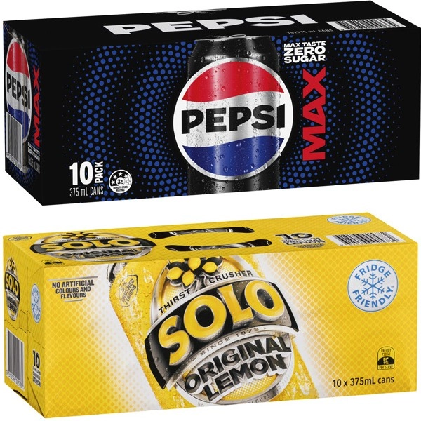 Pepsi, Solo or Schweppes Soft Drink 10x375mL