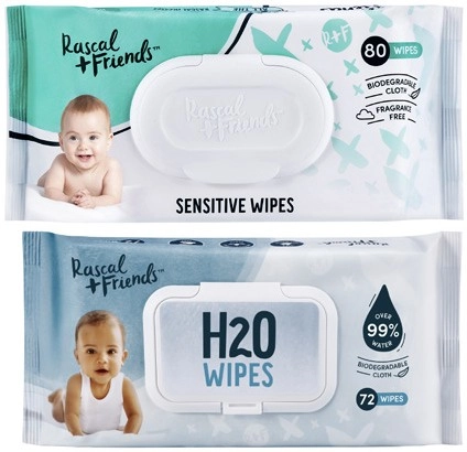 Rascal + Friends H2O Baby Wipes 72 Pack or Sensitive Wipes 80 Pack