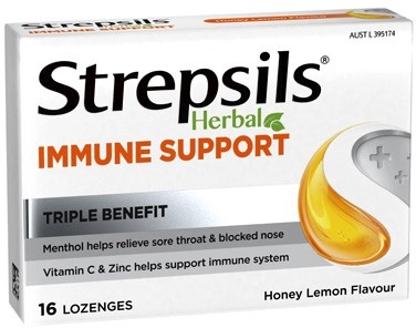 Strepsils Herbal Immune Support Honey Lemon Lozenges 16 Pack^