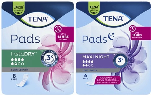 Tena Continence Pads Maxi Night Long Length 6 Pack or InstaDry Long Length 8 Pack