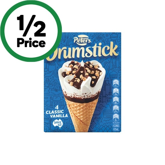 Peters Drumstick Ice Cream 475-490ml Pk 4-6 – Excludes Plant Based – From the Freezer