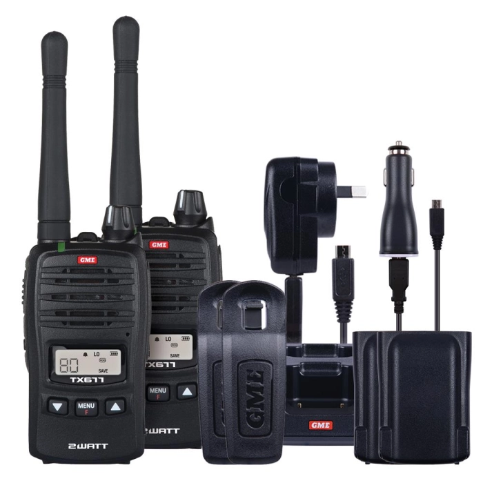 GME TX677TP 2W 80 Channel UHF Handheld Radio (Twin Pack)