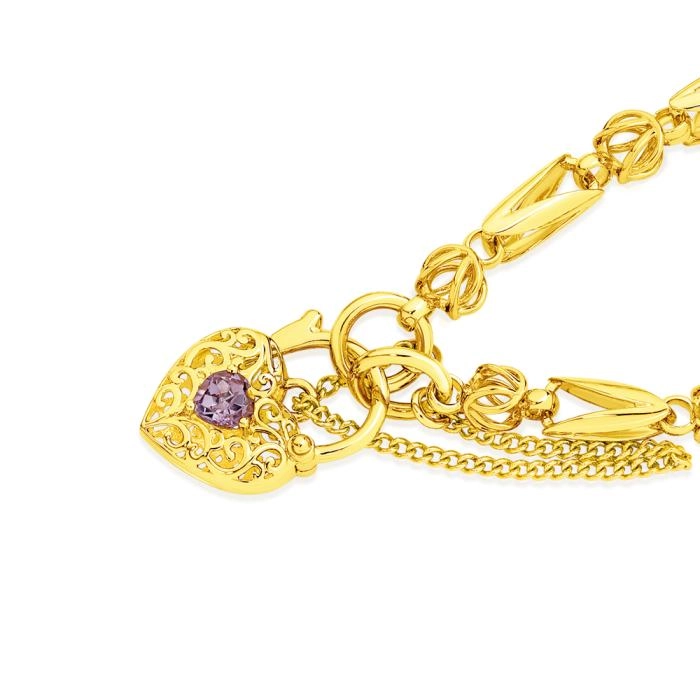 9ct Gold 19cm Solid Tulip Link Amethyst Padlock Bracelet