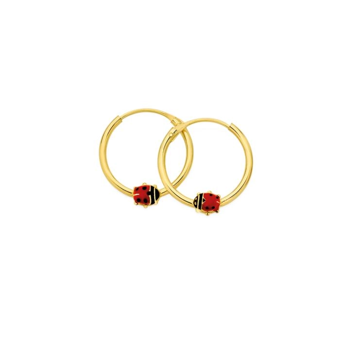 9ct Gold 1x12mm Enamel Ladybird Hoop Earrings